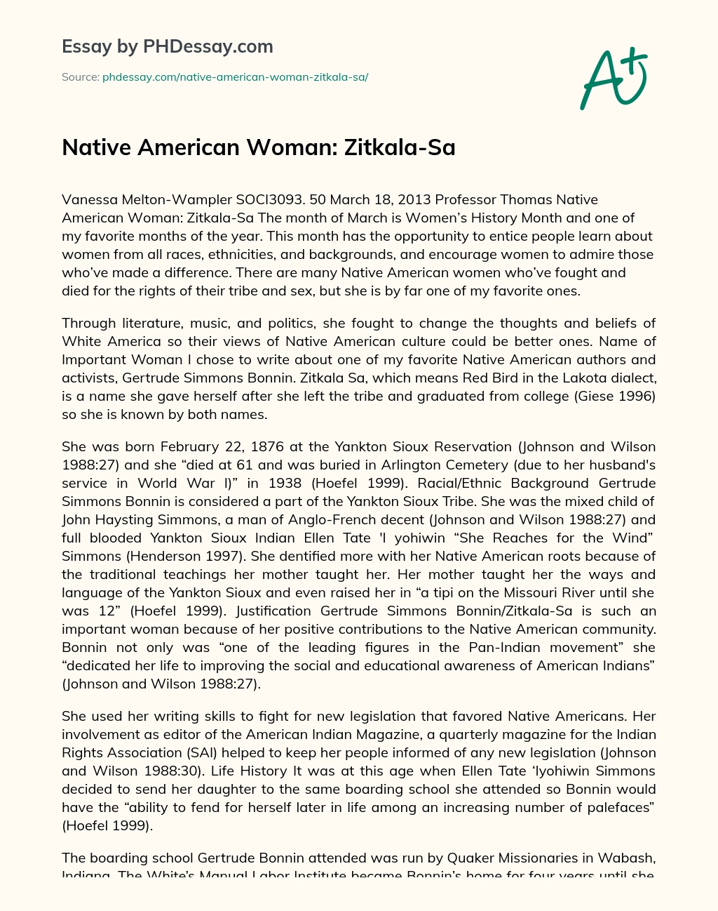 Native American Woman: Zitkala-Sa essay