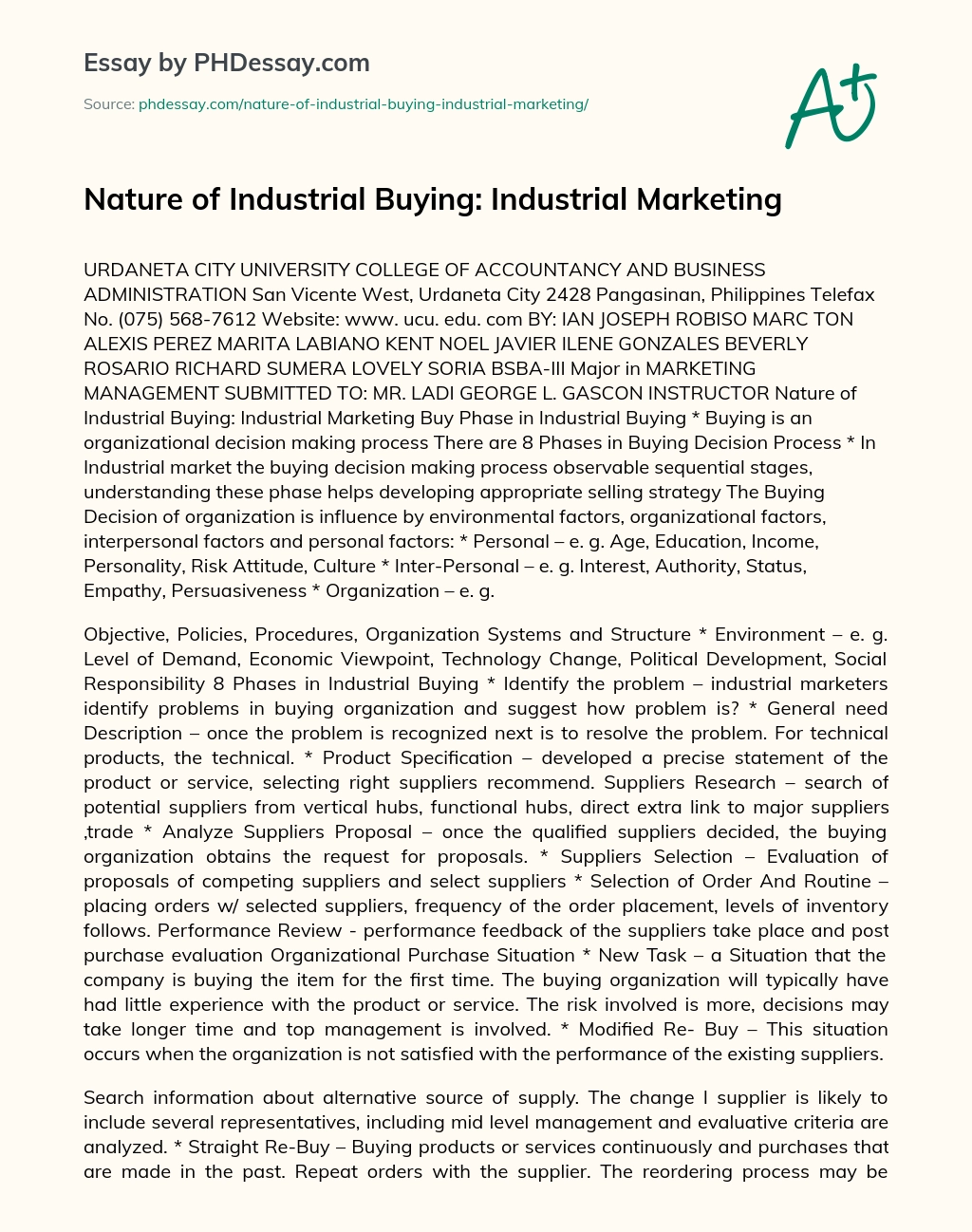 Nature of Industrial Buying: Industrial Marketing essay