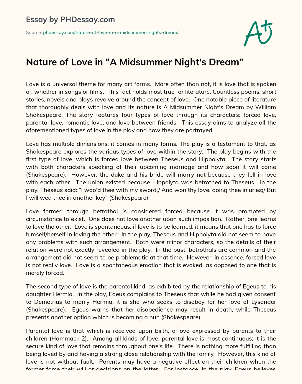 Nature of Love in “A Midsummer Night’s Dream” essay