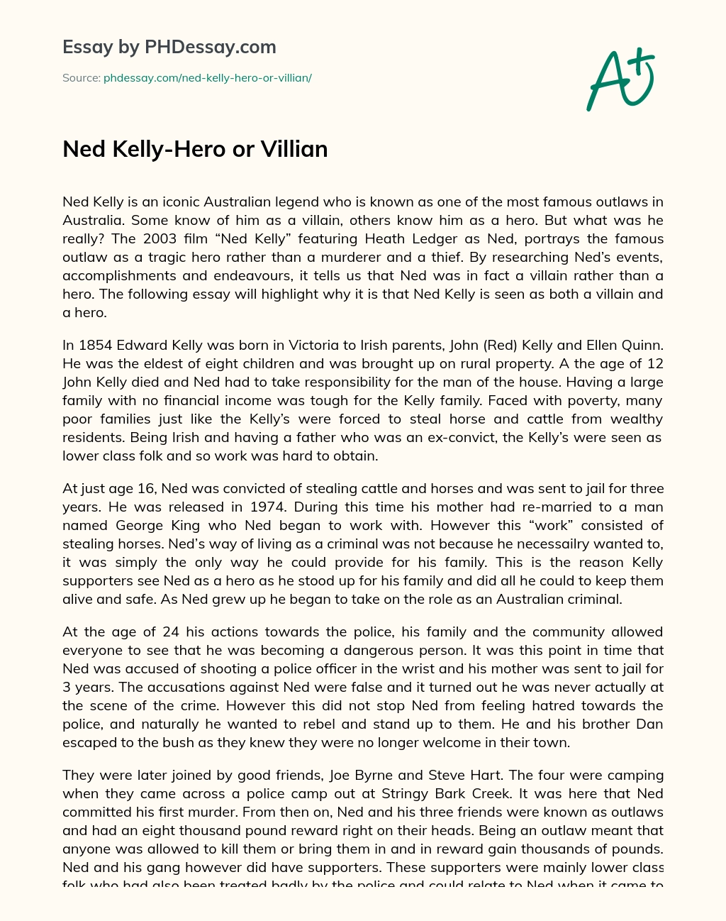 Ned Kelly Hero Or Villian Phdessay Com Villain Essay 