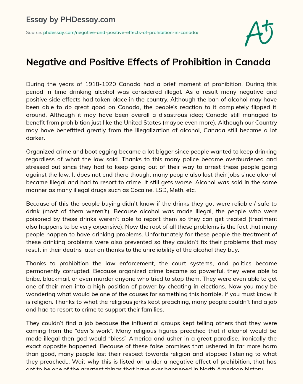 Negative and Positive Effects of Prohibition in Canada essay