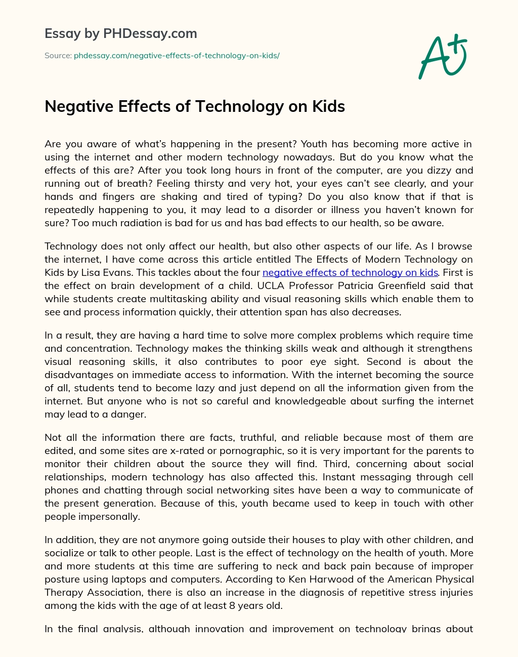 Negative Effects of Technology on Kids essay