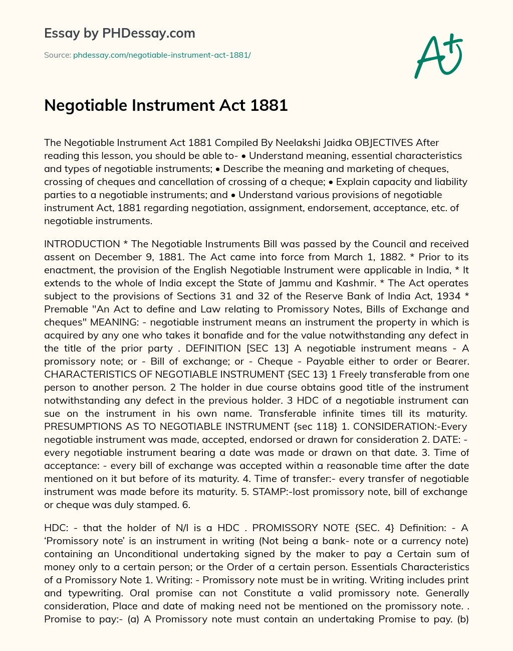 Negotiable Instrument Act 1881 essay