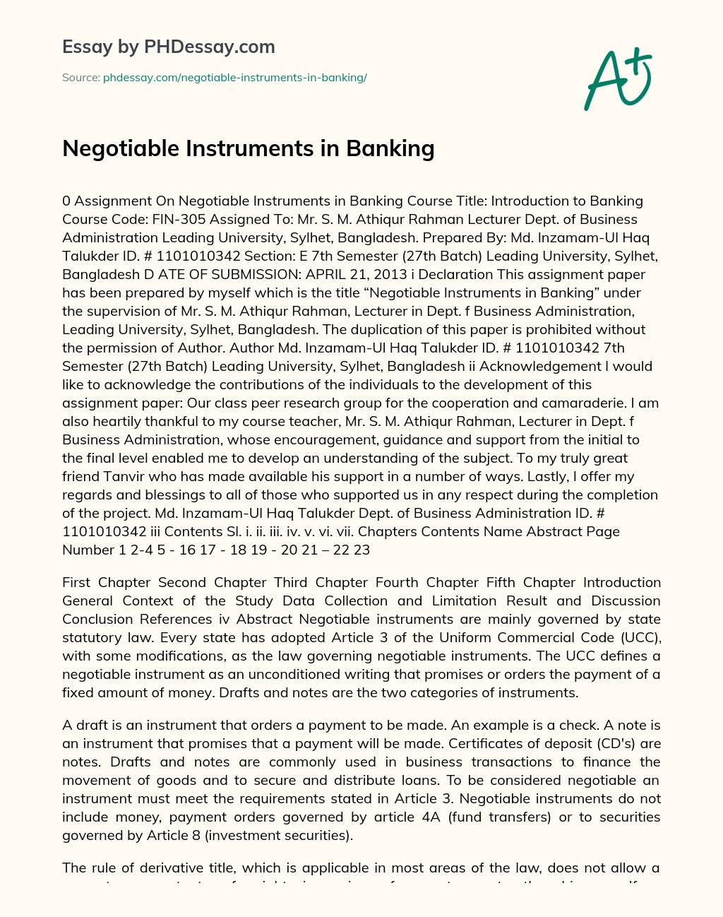Negotiable Instruments in Banking essay