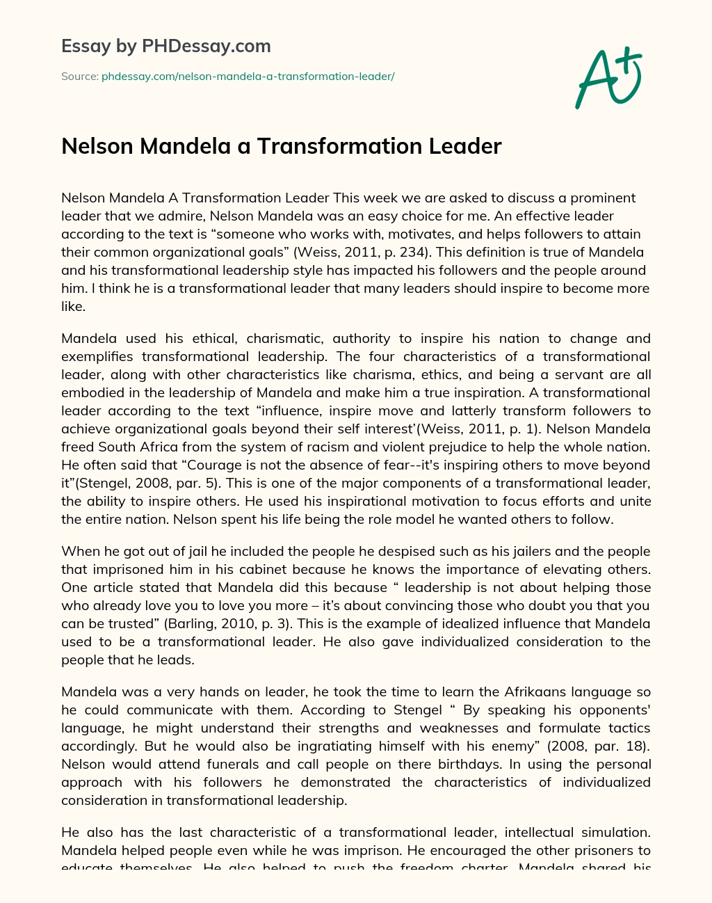 Nelson Mandela a Transformation Leader essay