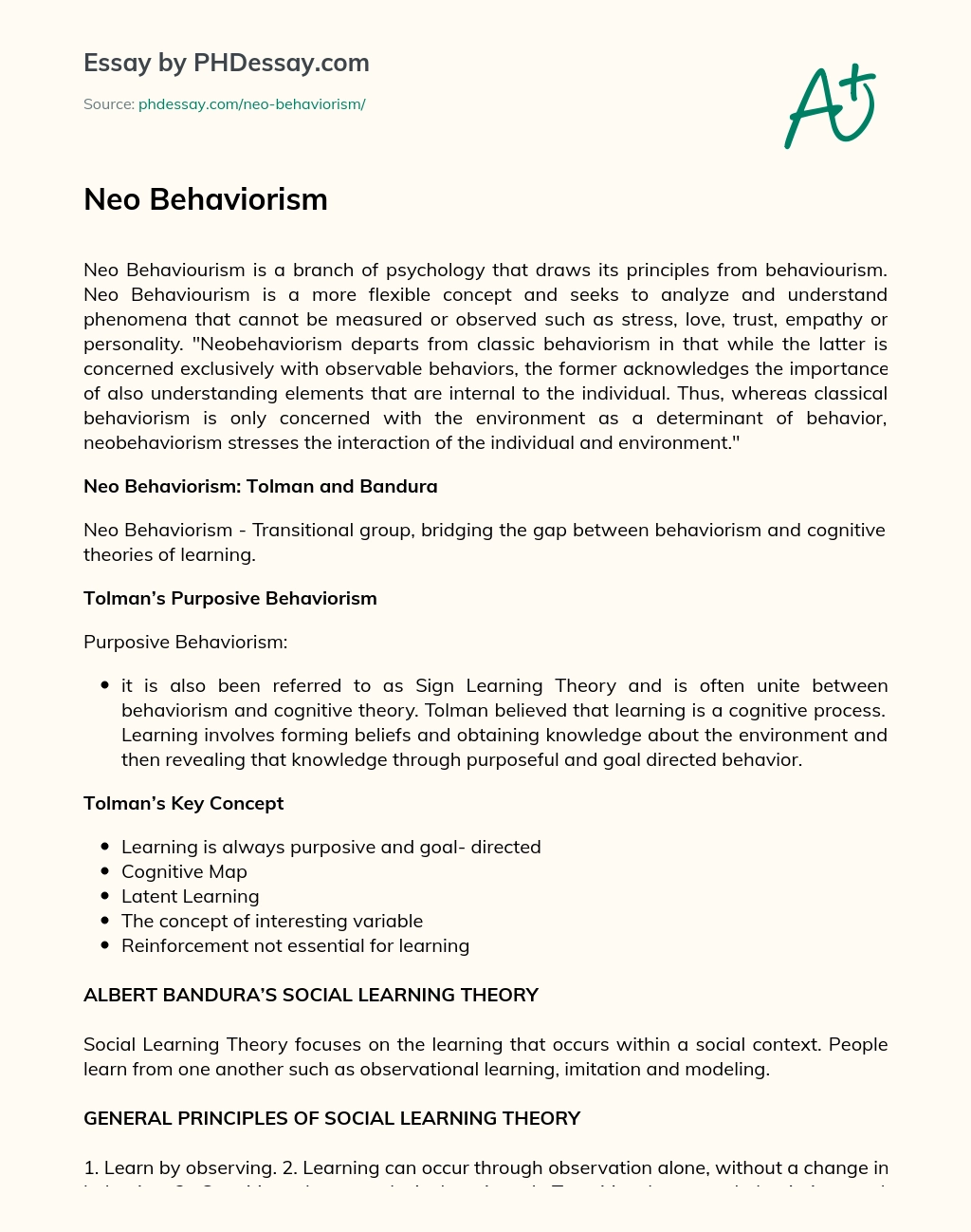 Neo Behaviourism: Bridging the Gap Between Behaviorism and Cognitive Theories of Learning essay