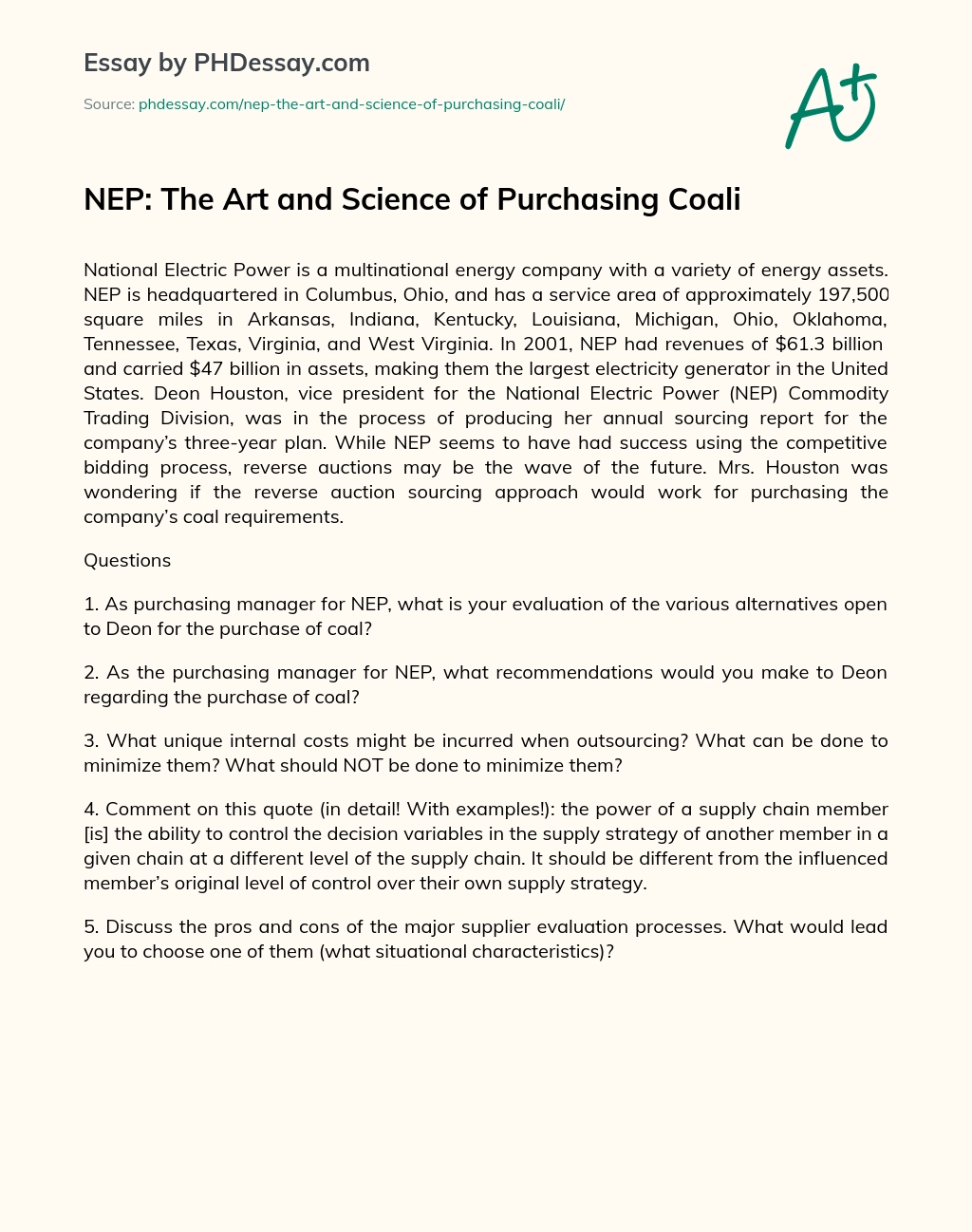 NEP: The Art and Science of Purchasing Coali essay