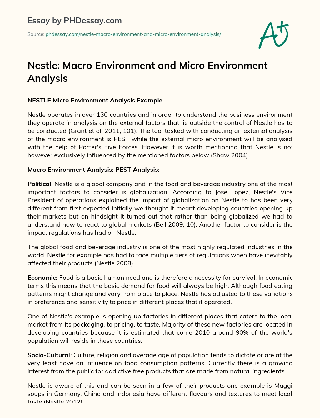 Nestle: Macro Environment and Micro Environment Analysis essay