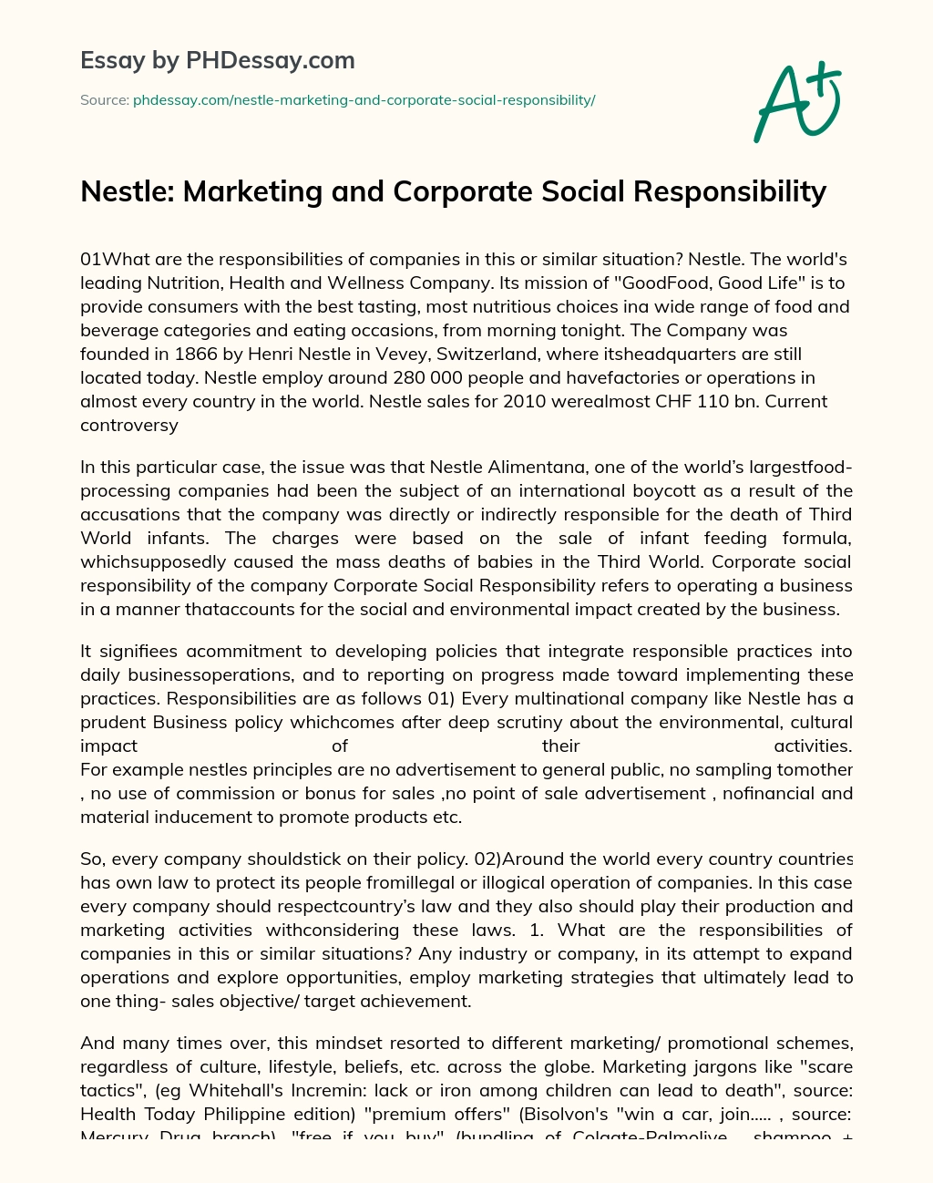 Nestle: Marketing and Corporate Social Responsibility essay