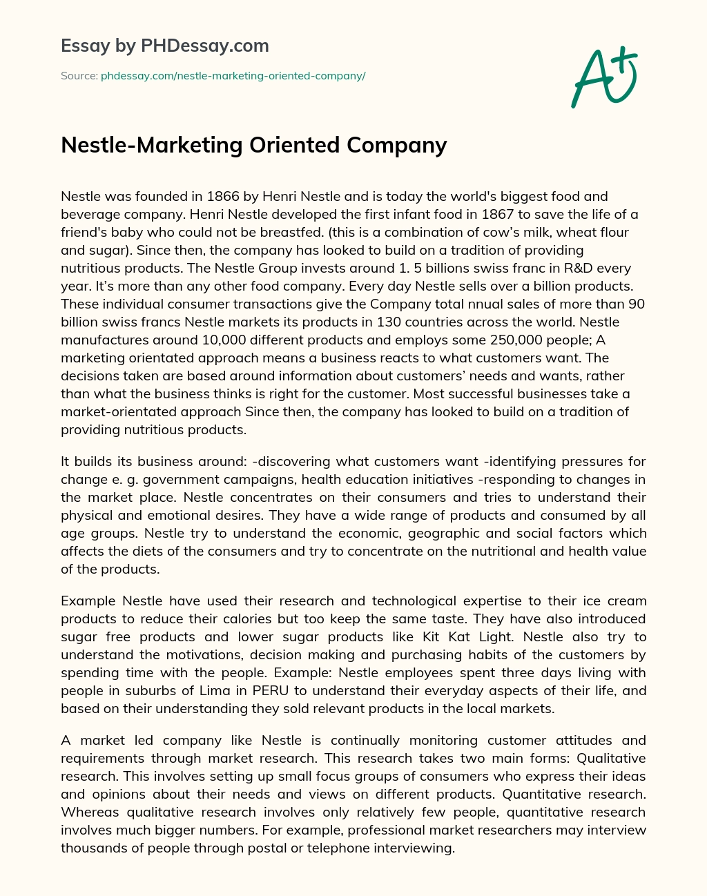 Nestle-Marketing Oriented Company essay