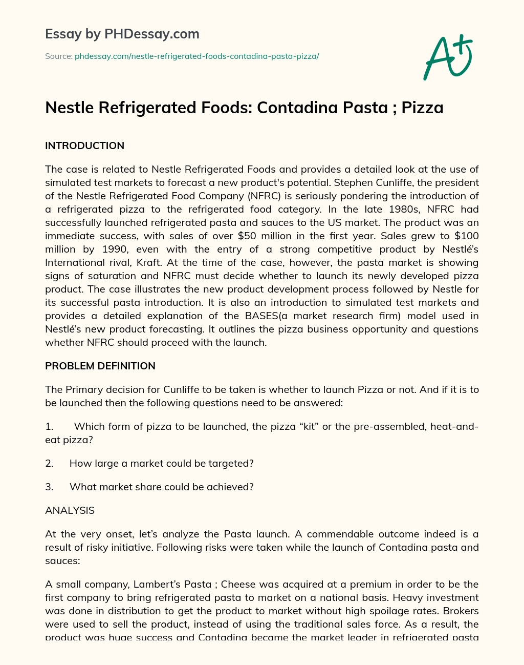 Nestle Refrigerated Foods: Contadina Pasta ; Pizza essay