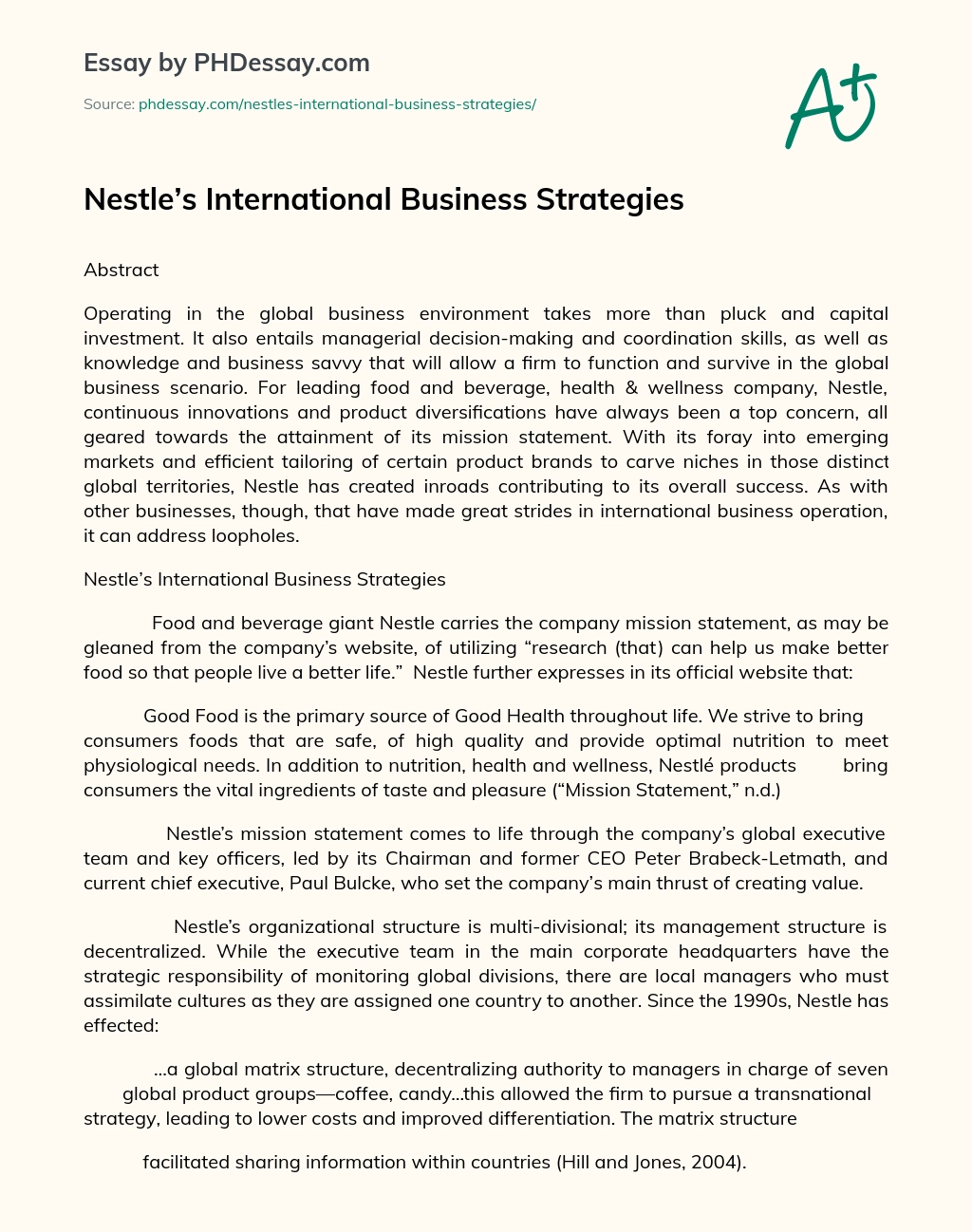 Nestle’s International Business Strategies essay