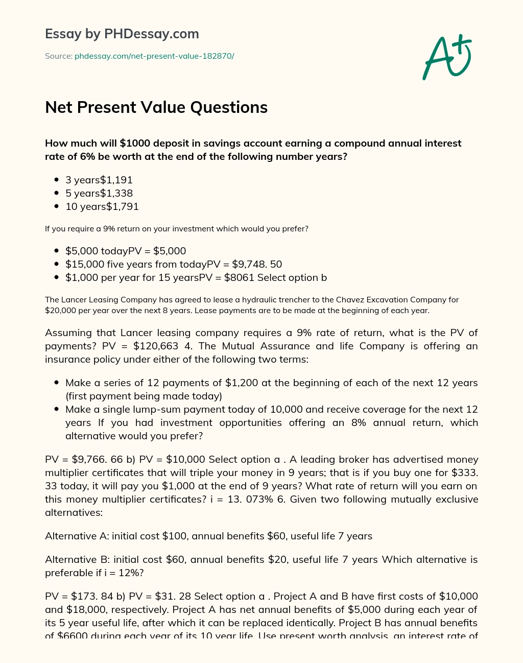 Net Present Value Questions essay