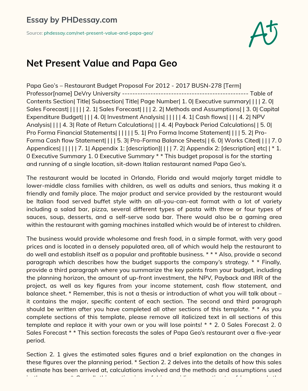 Net Present Value and Papa Geo essay