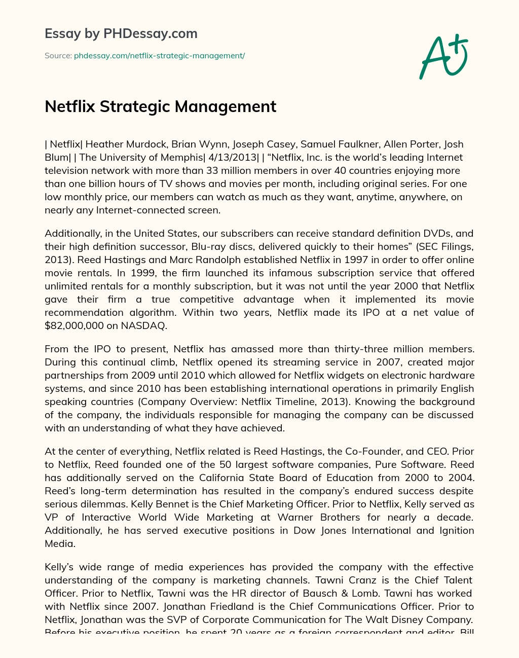 Netflix Strategic Management essay