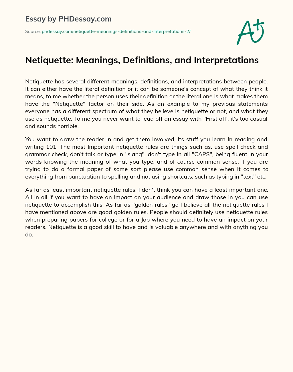 Netiquette: Meanings, Definitions, and Interpretations essay