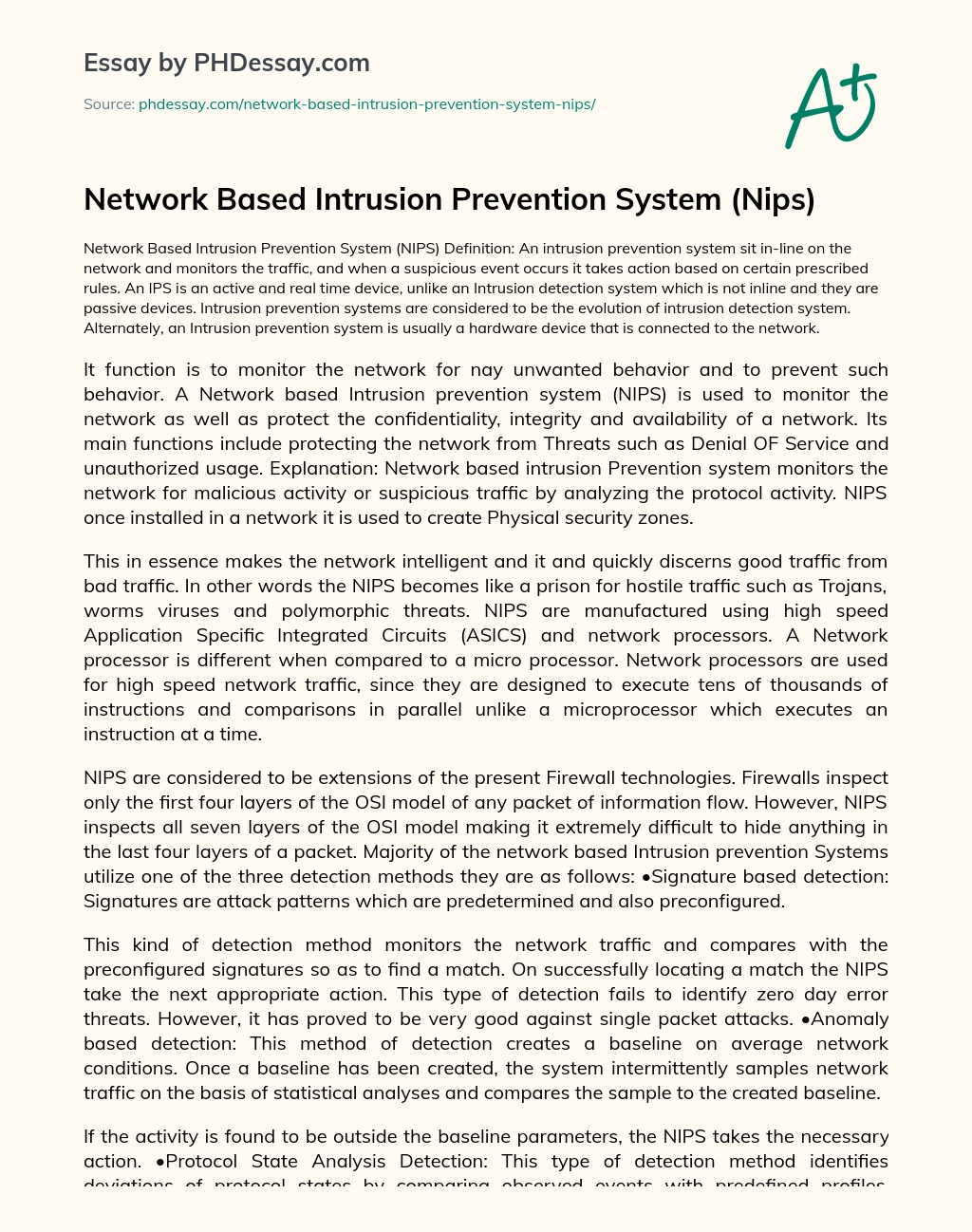 Network Based Intrusion Prevention System (Nips) essay
