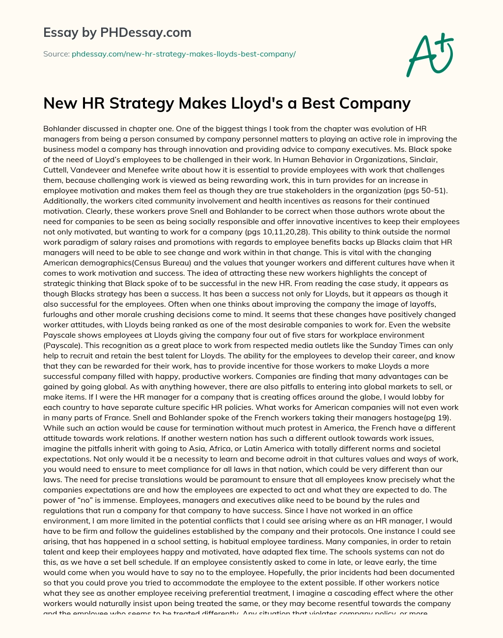 New HR Strategy Makes Lloyd’s a Best Company essay