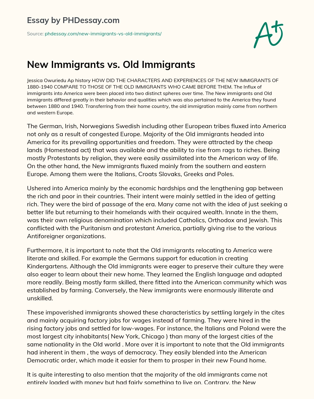 New Immigrants vs. Old Immigrants essay