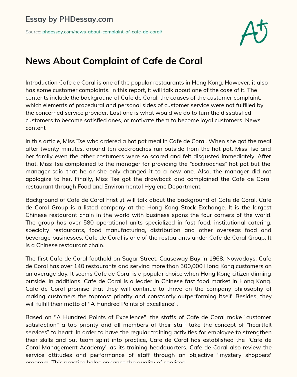 News About Complaint of Cafe de Coral essay