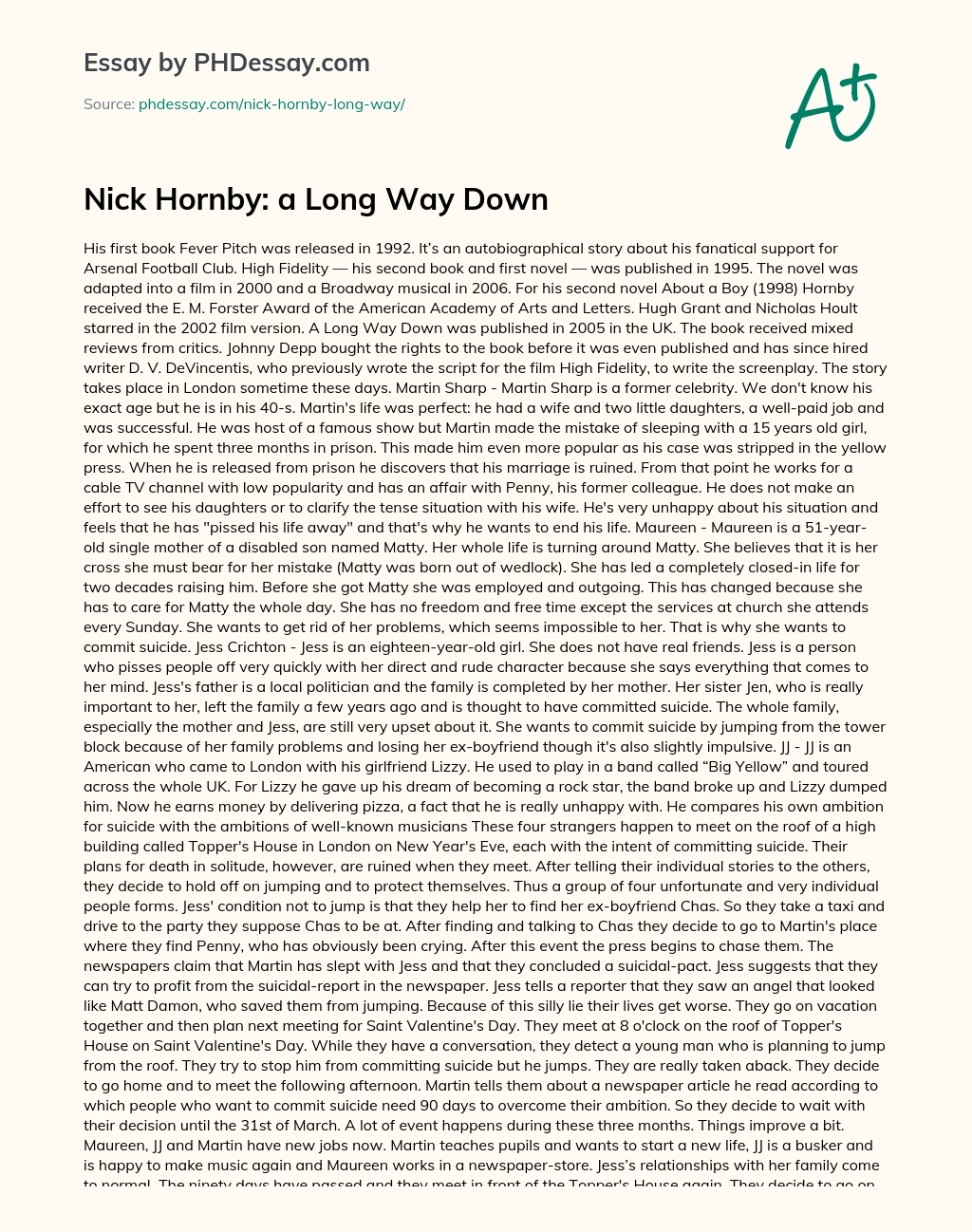 Nick Hornby: a Long Way Down essay