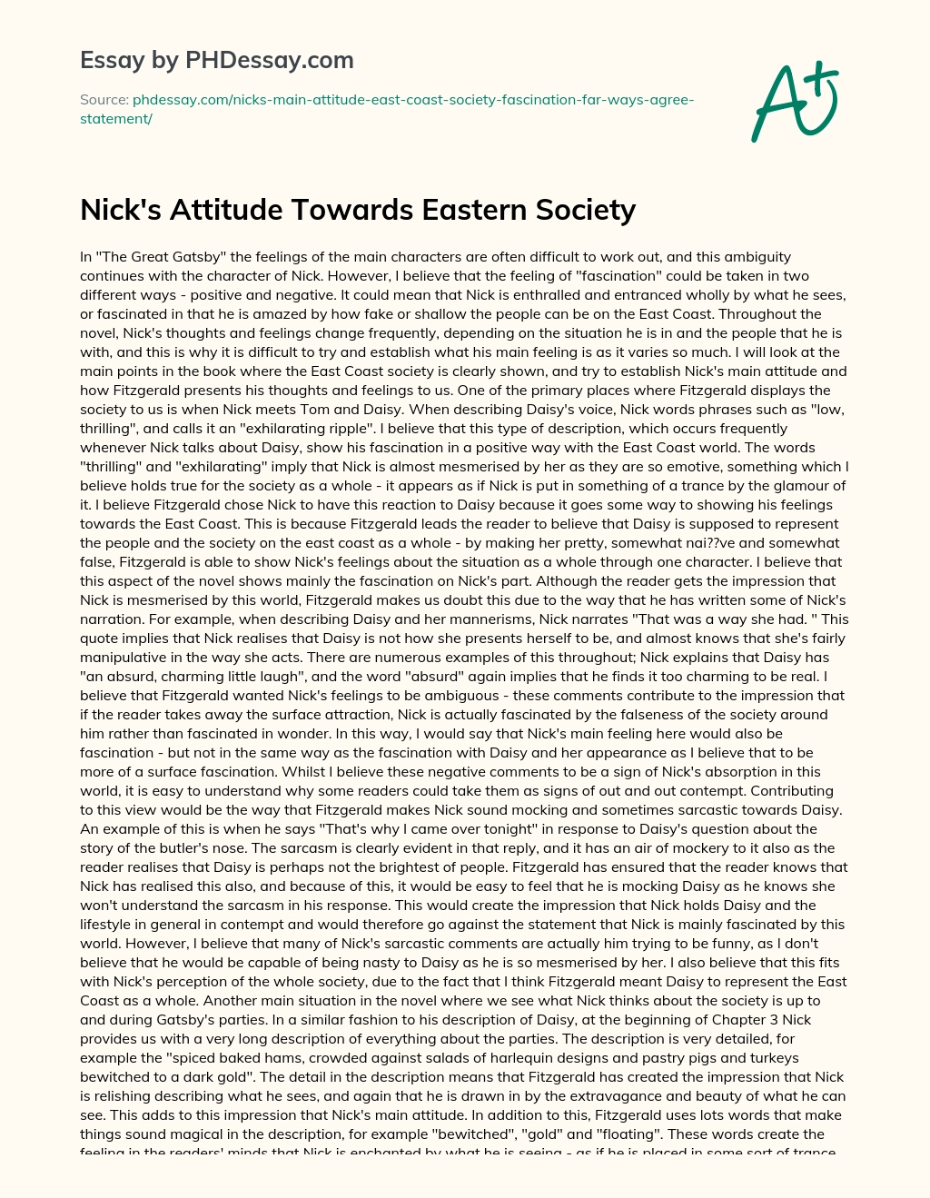 Nick’s Attitude Towards Eastern Society essay