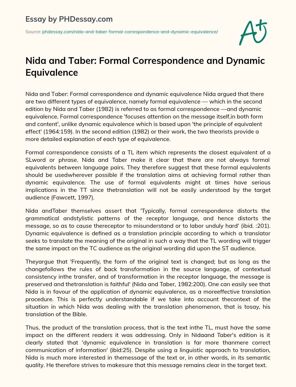Nida and Taber: Formal Correspondence and Dynamic Equivalence essay
