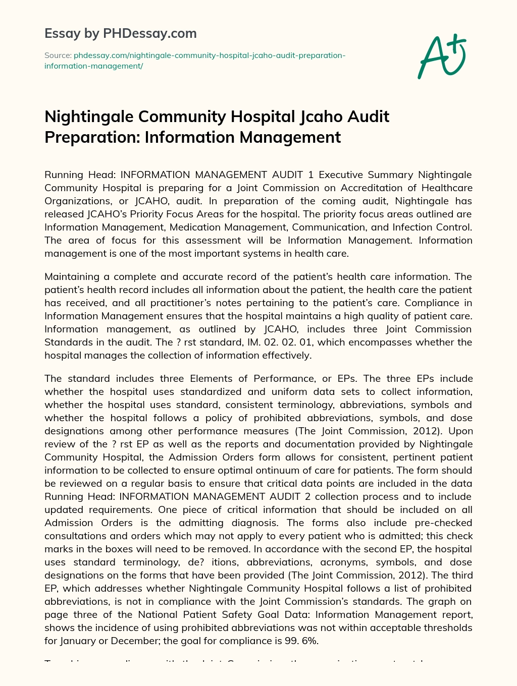 Nightingale Community Hospital Jcaho Audit Preparation: Information Management essay