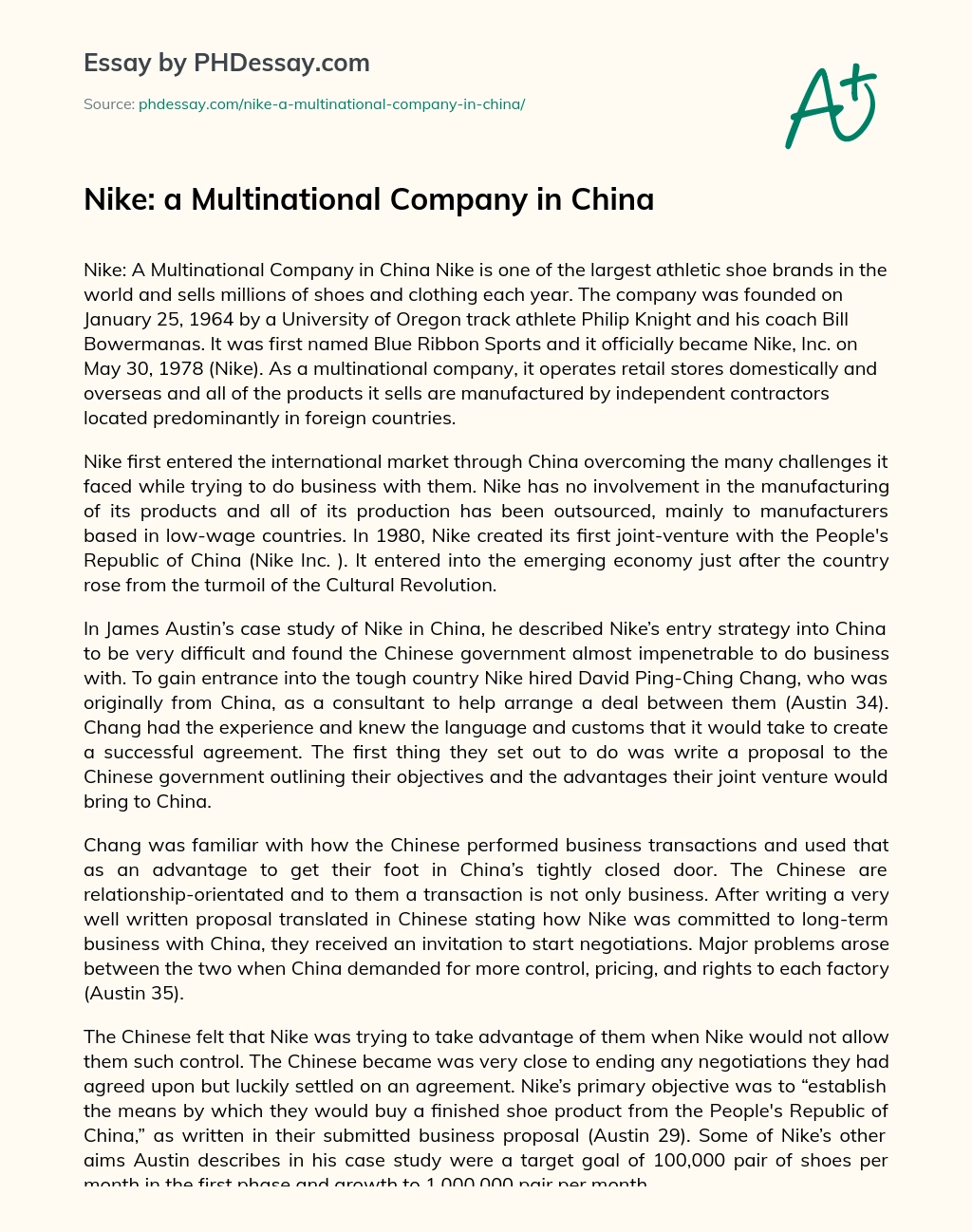Nike: a Multinational Company in China essay