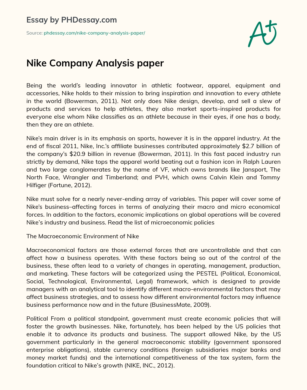Nike Company Analysis Paper essay