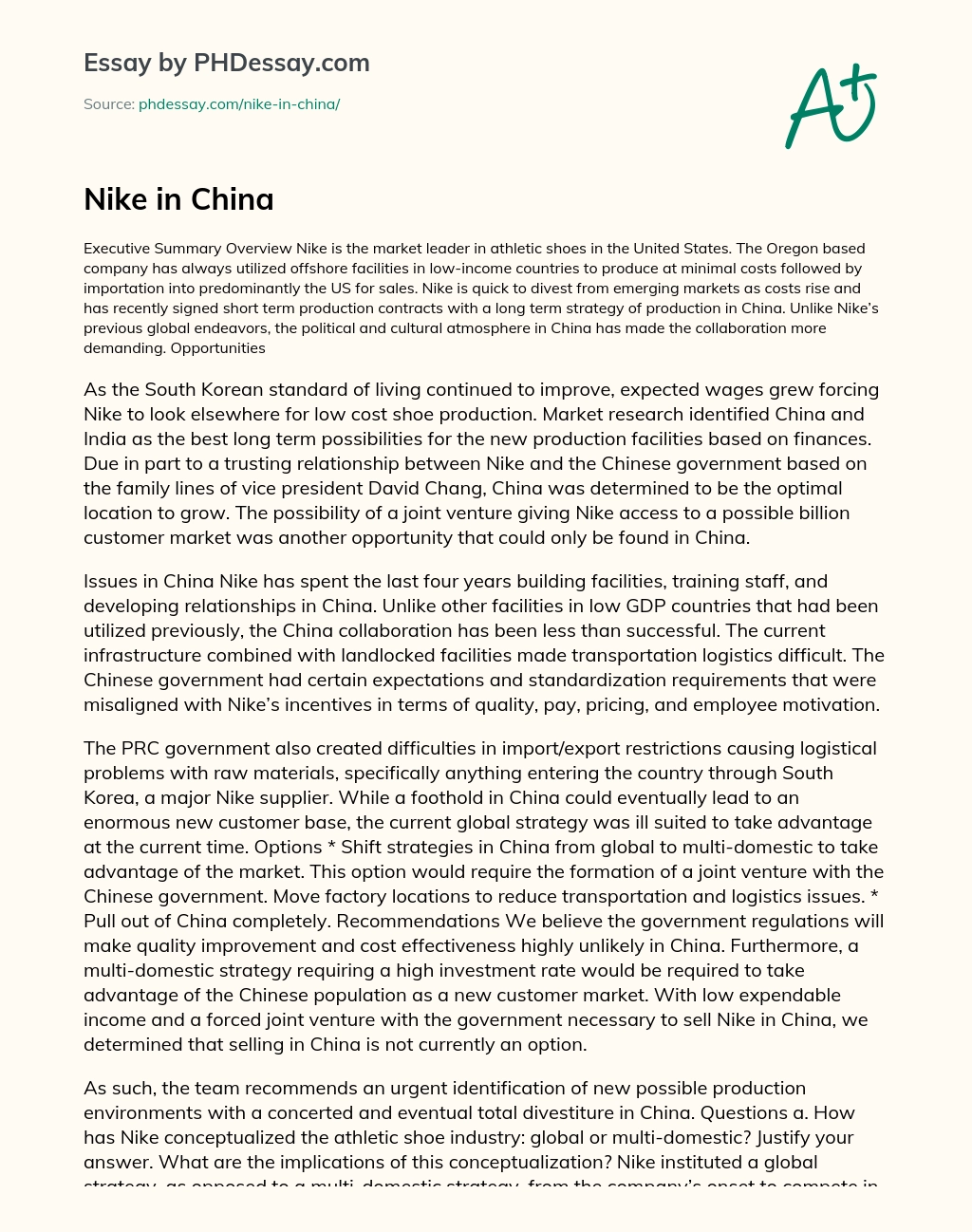 Nike in China essay