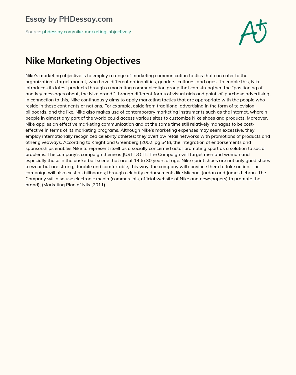 Nike Marketing Objectives essay