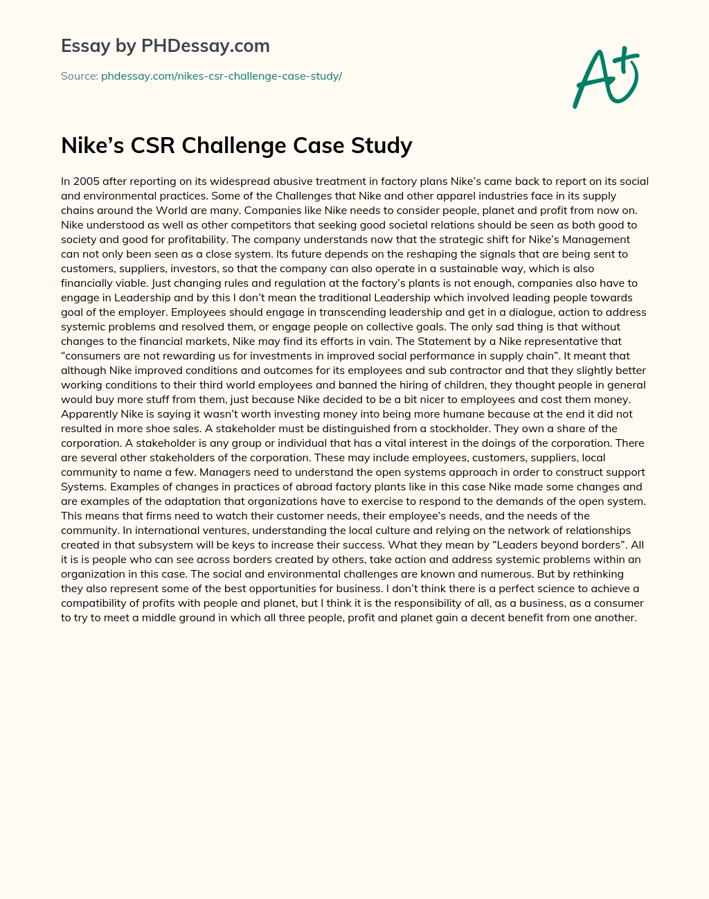 Nike’s CSR Challenge Case Study essay