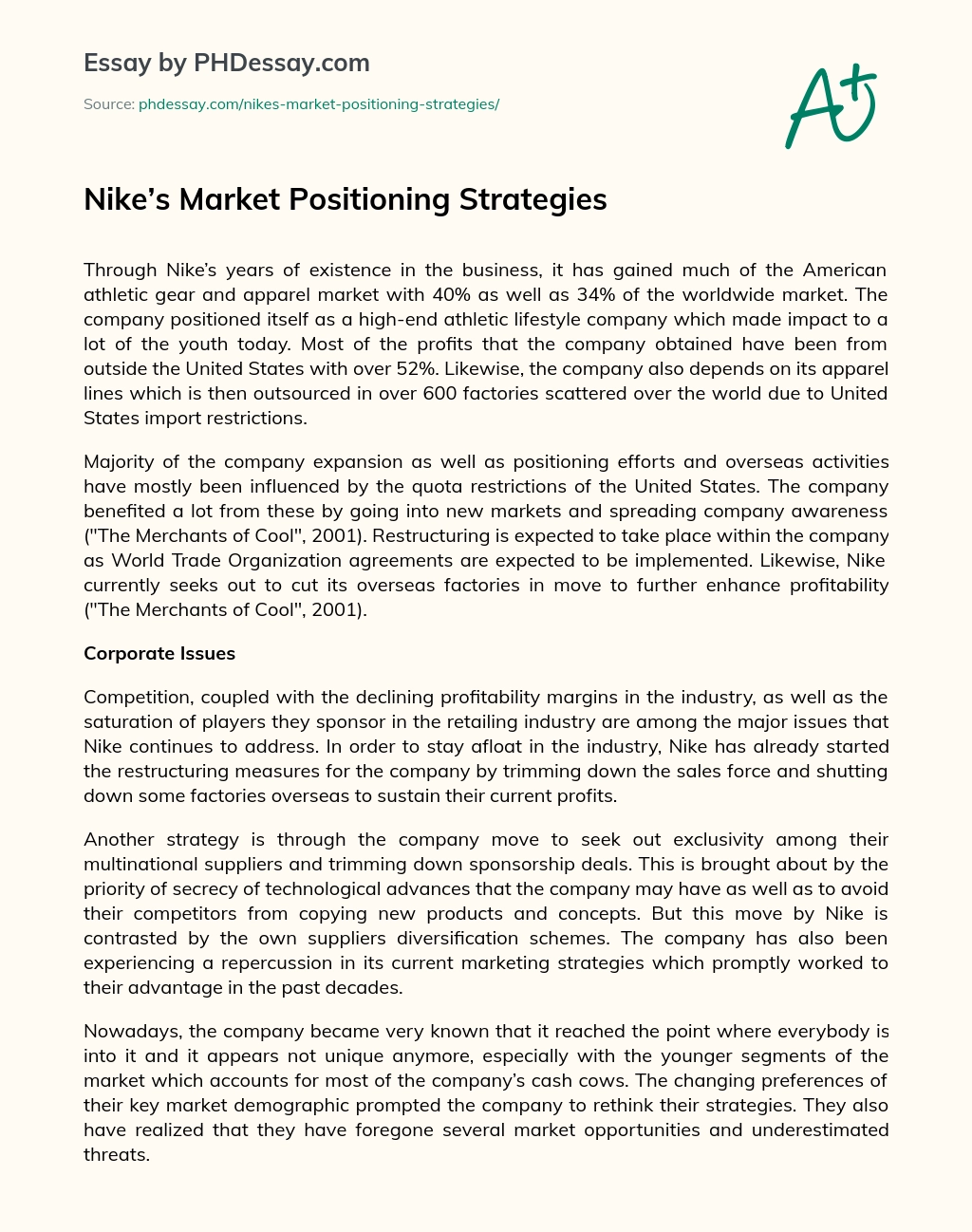 Nike’s Market Positioning Strategies essay
