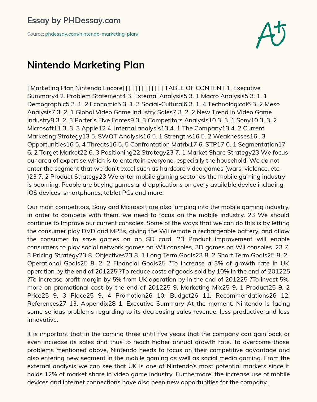 Nintendo Marketing Plan essay