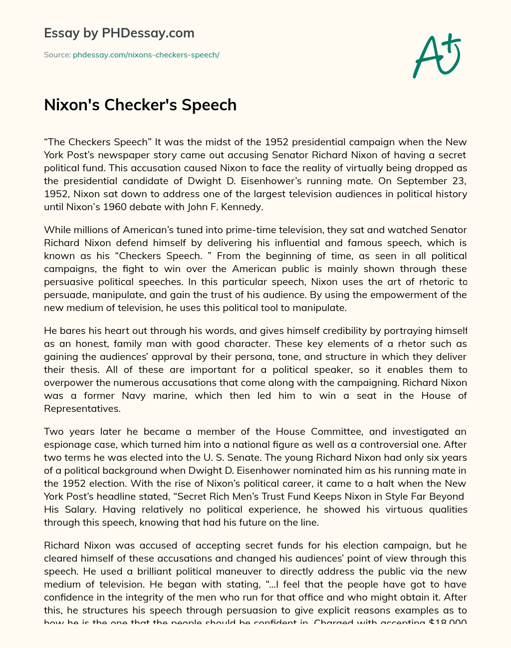 Nixon’s Checker’s Speech essay