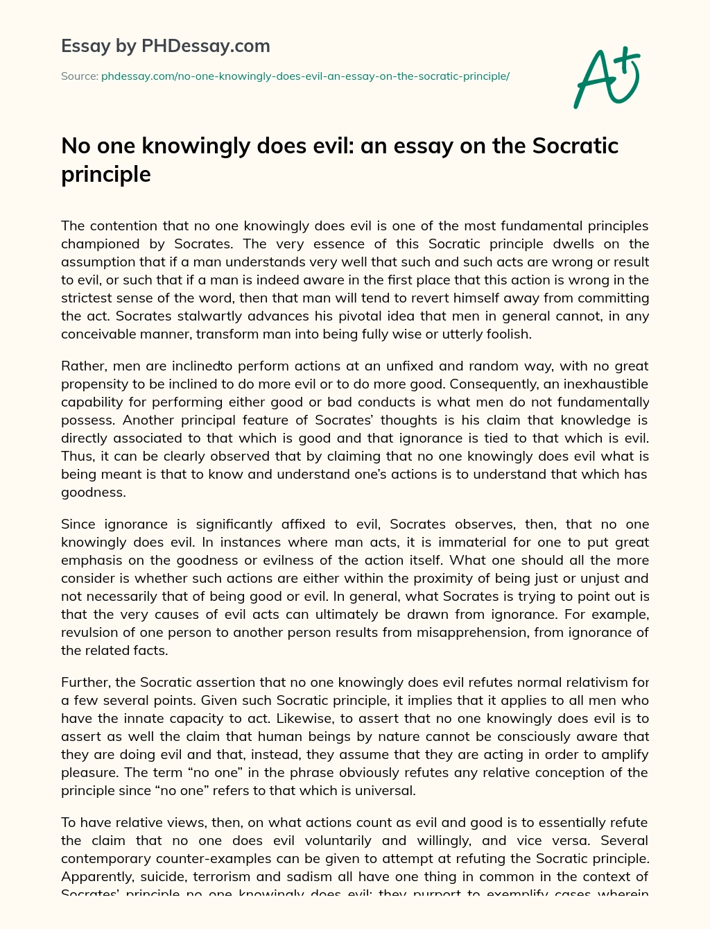No one knowingly does evil: an essay on the Socratic principle essay