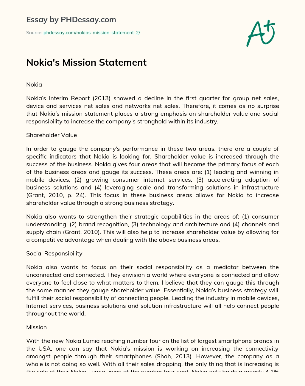 Nokia’s Mission Statement essay