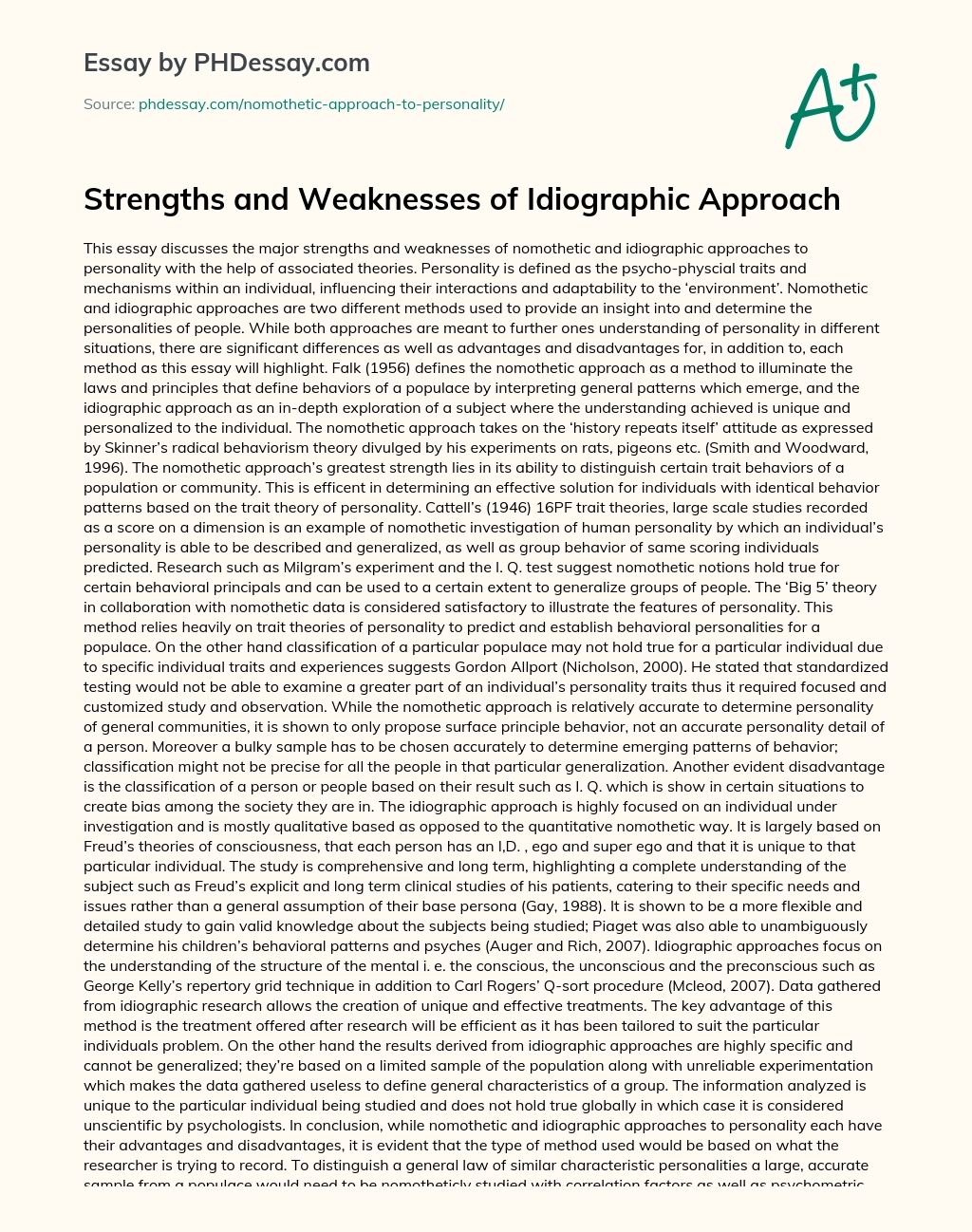 Strengths and Weaknesses of Idiographic Approach essay