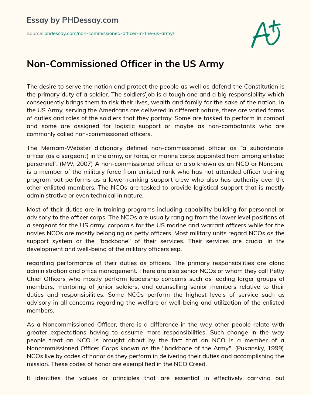 Non-Commissioned Officer in the US Army essay