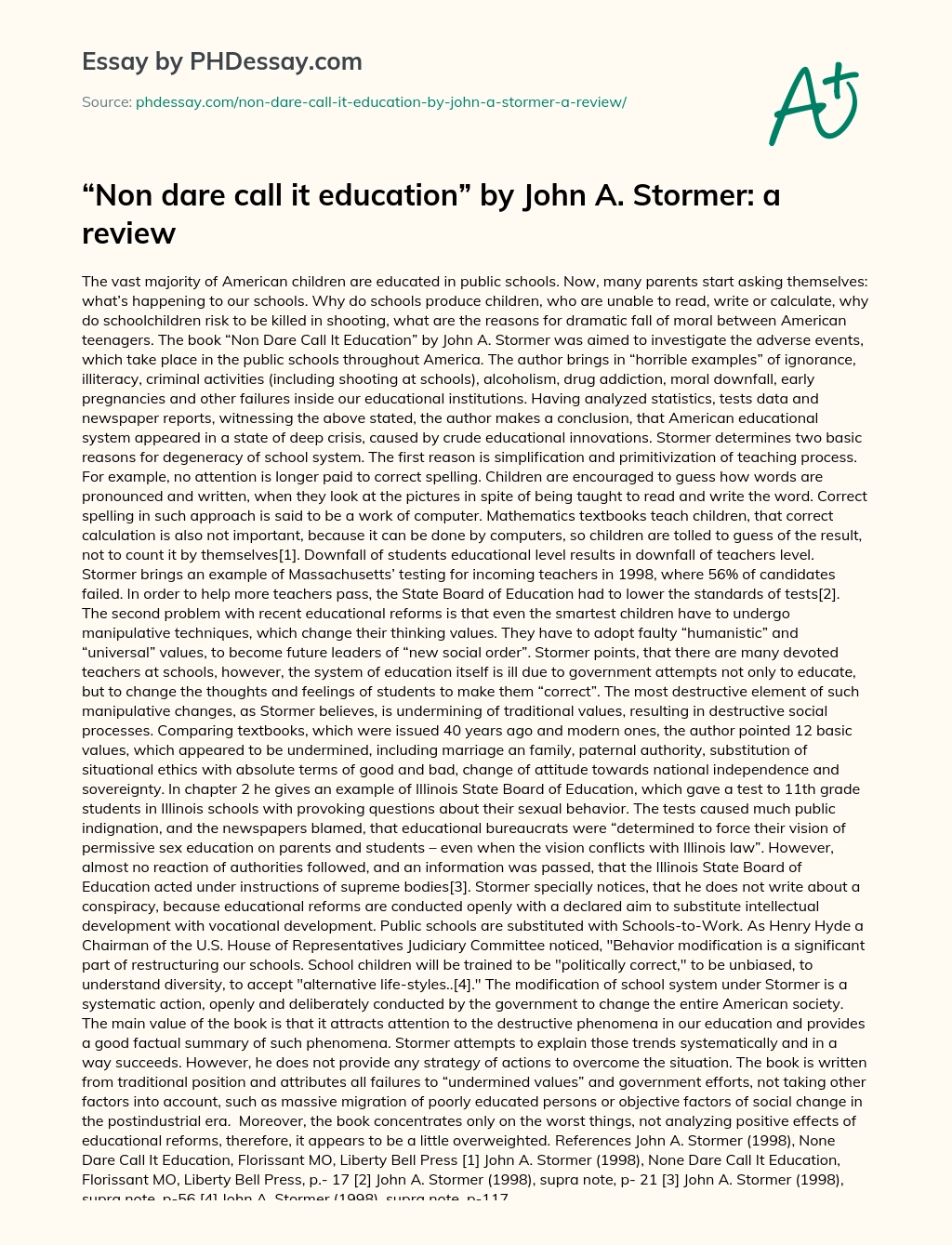Non dare call it education by John A. Stormer: a review essay