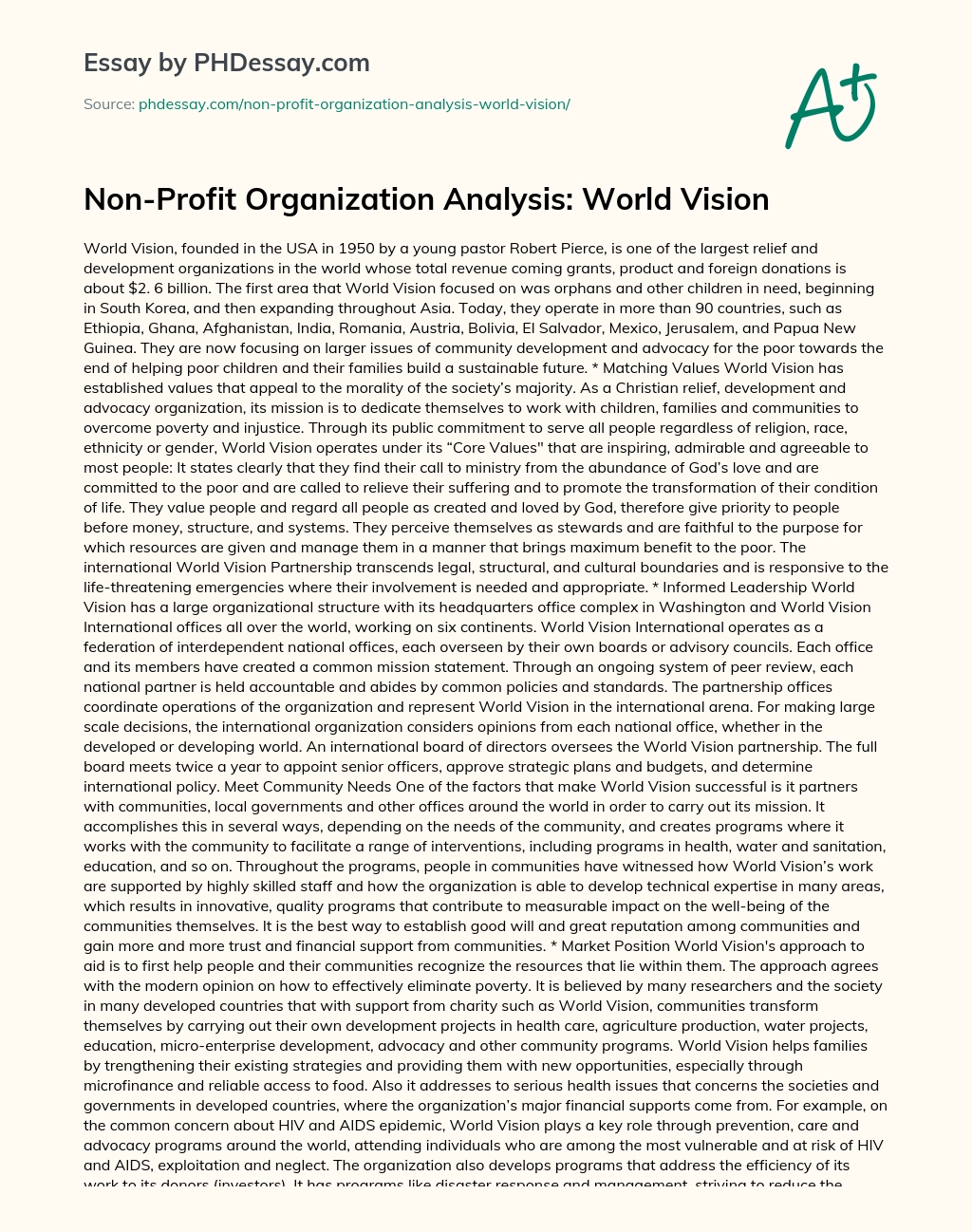 Non-Profit Organization Analysis: World Vision essay
