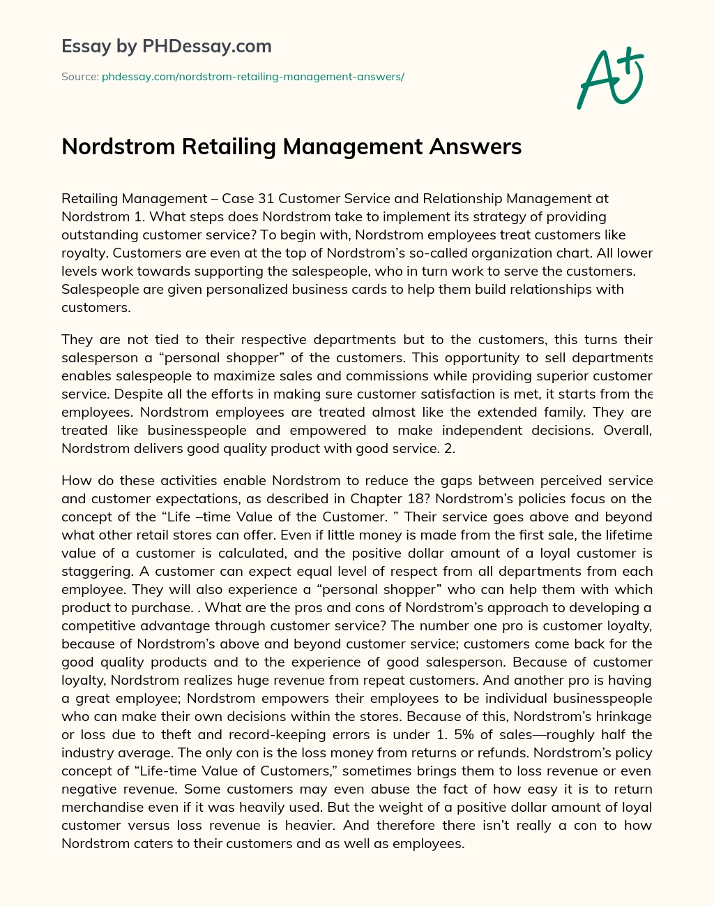 Nordstrom Retailing Management Answers essay