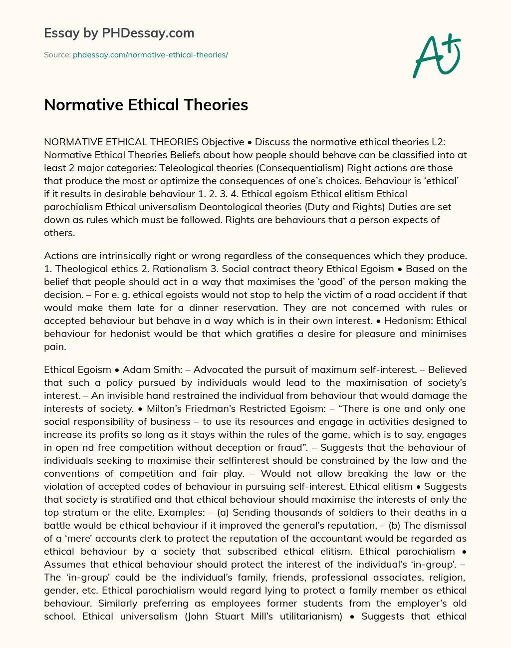 Normative Ethical Theories essay