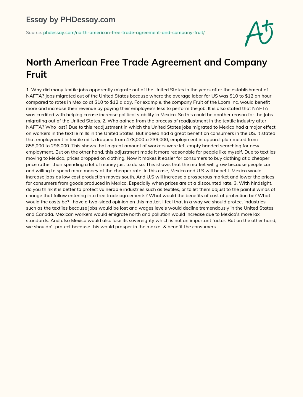 North American Free Trade Agreement and Company Fruit essay