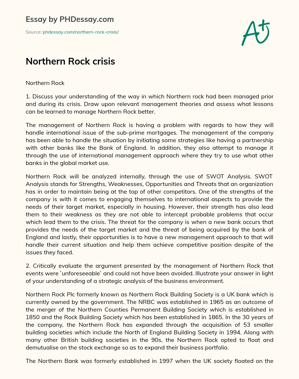 Northern Rock crisis essay