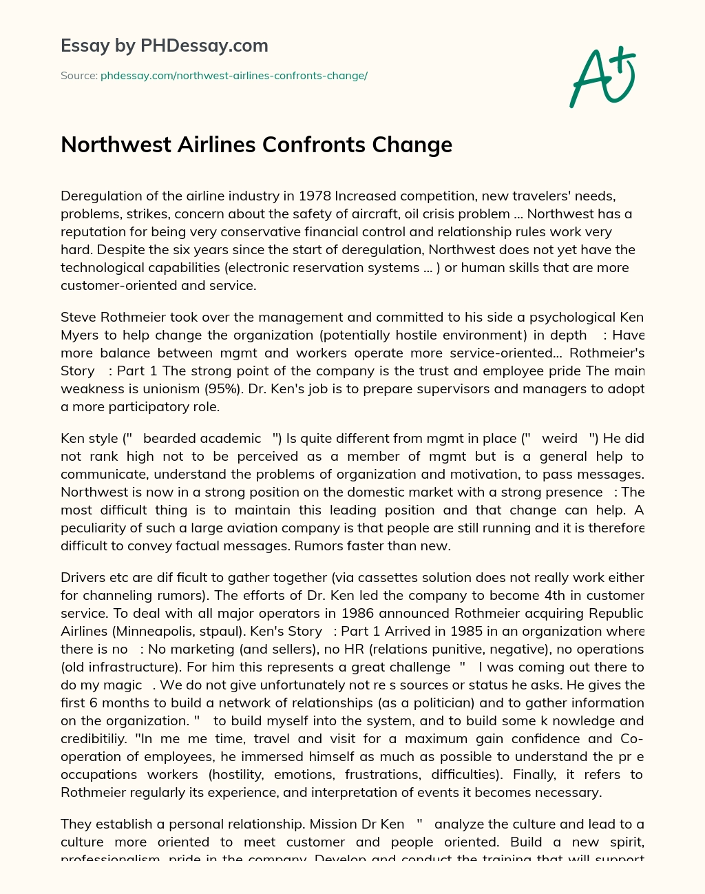 Northwest Airlines Confronts Change essay