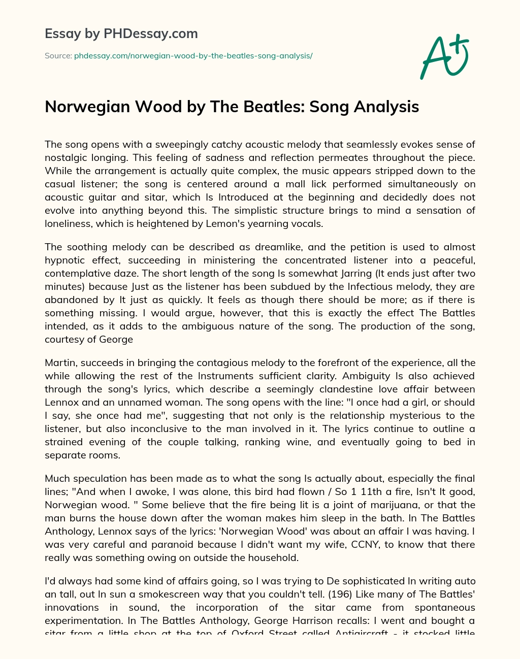 Norwegian Wood by The Beatles: Song Analysis essay
