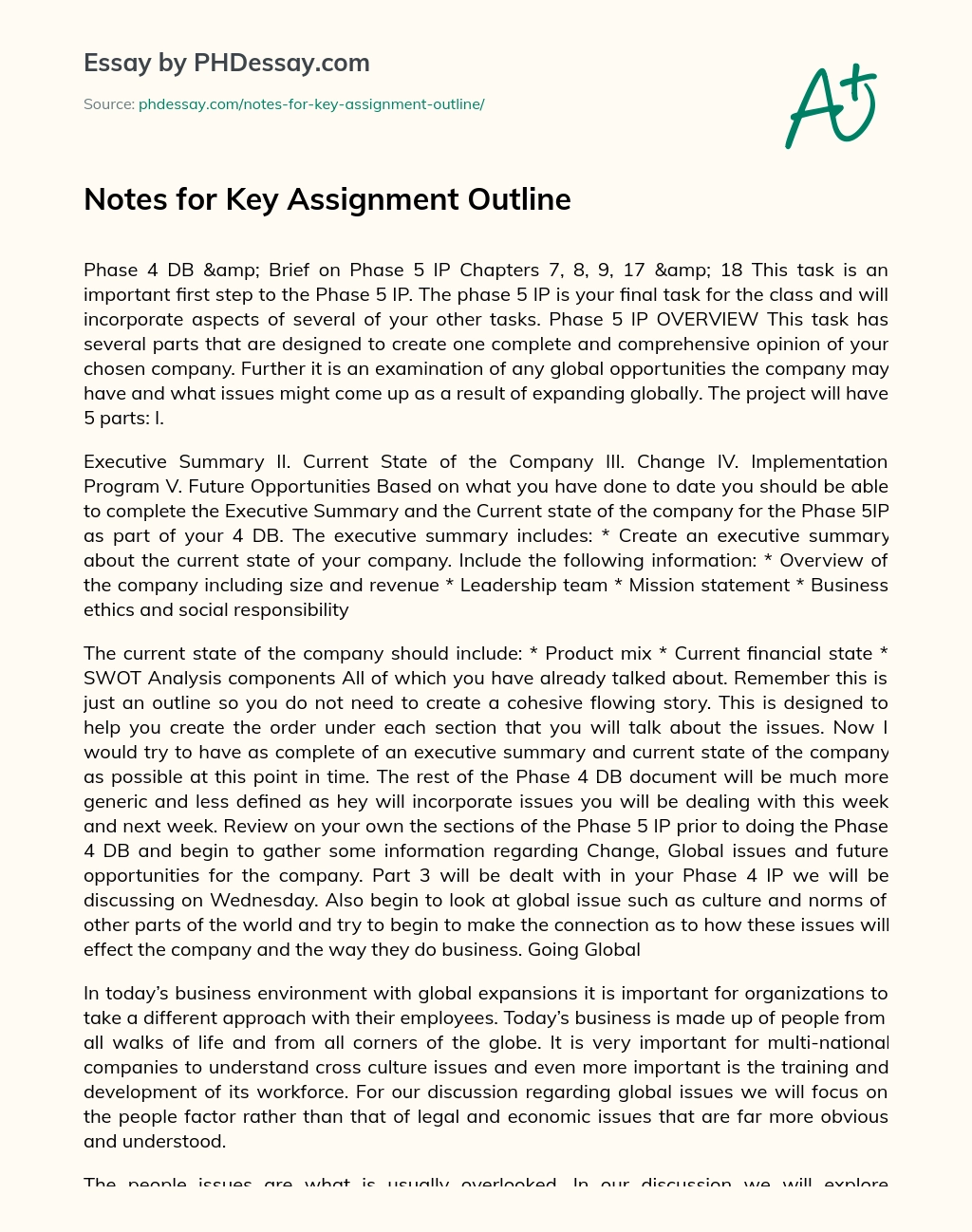 Notes for Key Assignment Outline essay