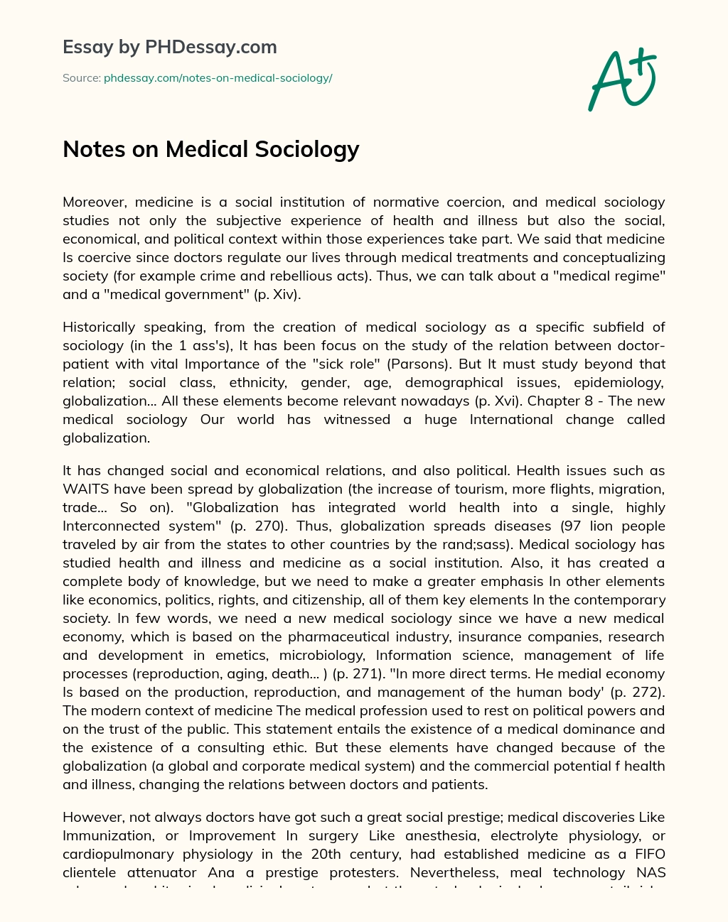 Notes on Medical Sociology essay